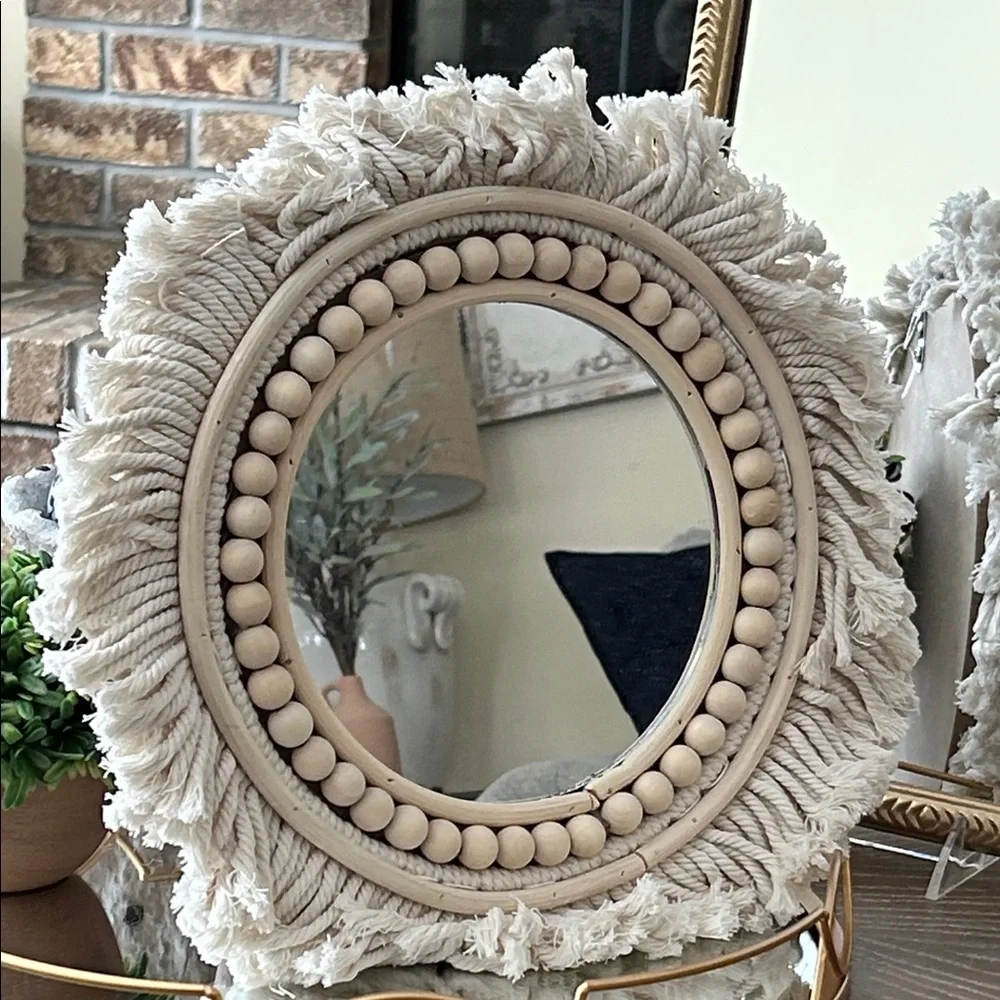 NEW! Vintage Inspired Cream Bohemian Macrame & Wood Beaded Fringe Wall Mirror